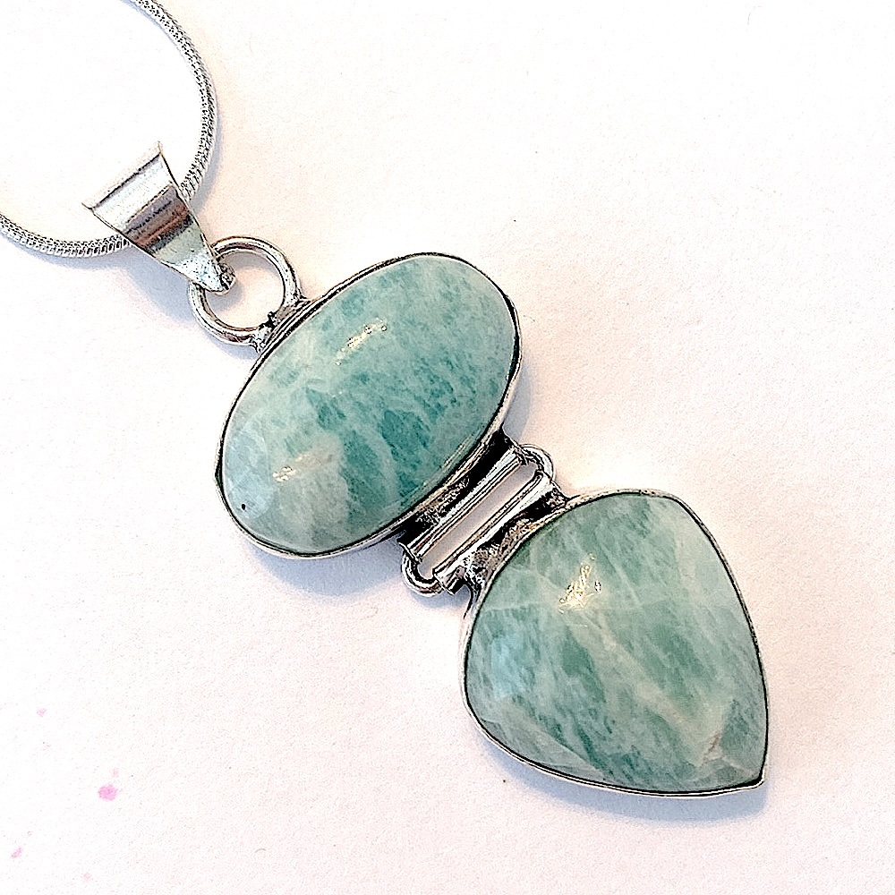 2 inch, 2 stone, hinged, Amazonite pendant on a silver chain. - Picture 2 of 4